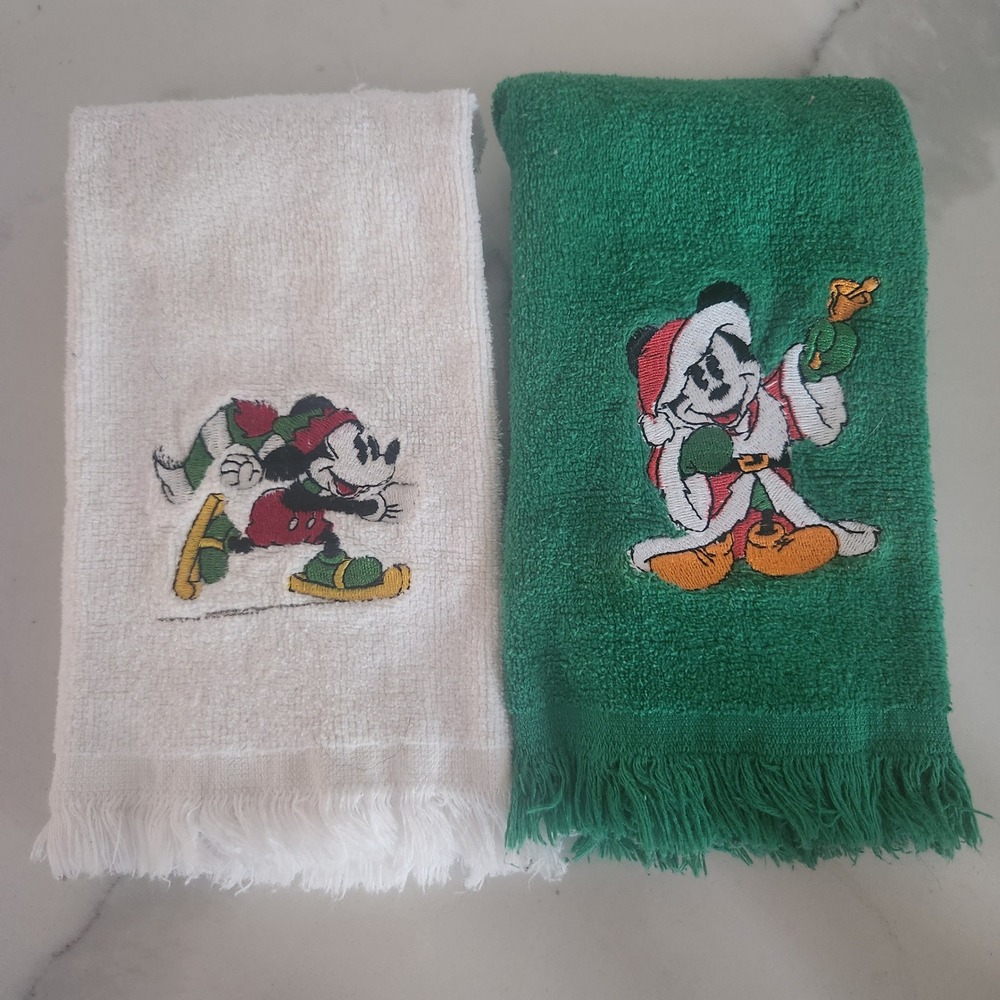 Vintage Disney‎ Mickey Mouse Christmas Hand Towels Set White Green Embroidered